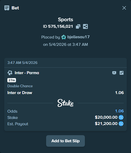 Bet slip: Inter - Parma, $20,000.00 stake at 1.06 odds, placed by bjellesau17