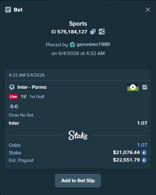 Bet slip: Inter - Parma, $16,947.88 stake at 1.07 odds, placed by geronimo1980