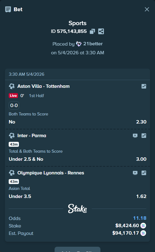Bet slip: Inter - Parma, $7,352.00 stake at 3.00 odds, placed by 21better