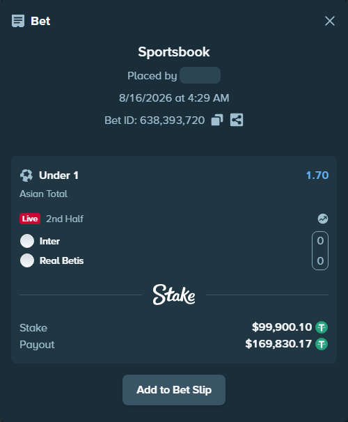 Bet slip: Inter - Real Betis, $100,000.00 stake at 1.70 odds, placed by ayoflasher