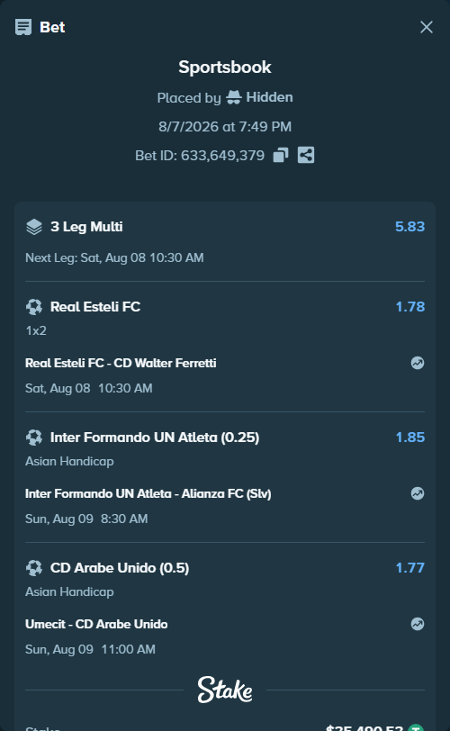 Bet slip: Inter Santa Tecla - Alianza FC San Salvador, $35,526.02 stake at 1.85 odds, placed by Hidden