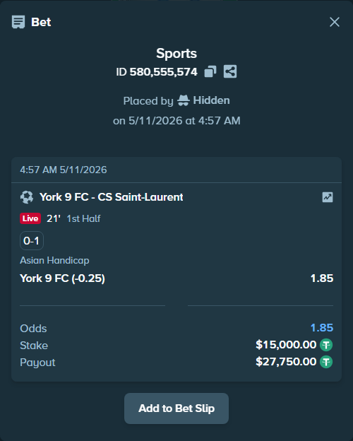 Bet slip: Inter Toronto FC - CS Saint-Laurent, $15,000.00 stake at 1.85 odds, placed by Hidden