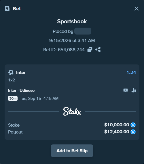 Bet slip: Inter - Udinese, $10,000.00 stake at 1.24 odds, placed by AdrewTate