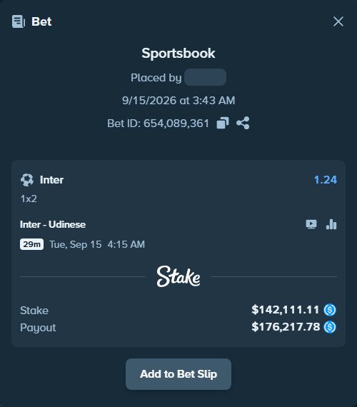 Bet slip: Inter - Udinese, $142,111.11 stake at 1.24 odds, placed by Hasse5