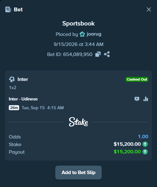 Bet slip: Inter - Udinese, $15,200.00 stake at 1.23 odds, placed by joarug