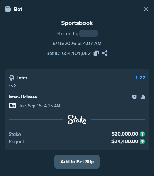 Bet slip: Inter - Udinese, $20,000.00 stake at 1.22 odds, placed by Armo098