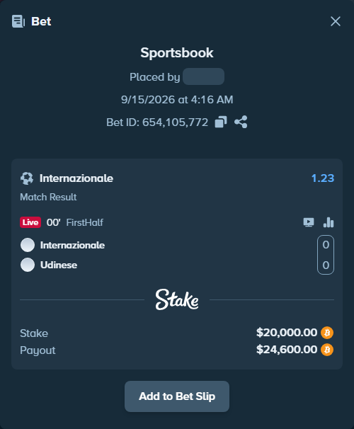 Bet slip: Inter - Udinese, $19,699.01 stake at 1.23 odds, placed by Hallfkh