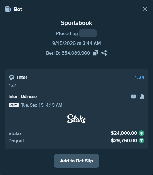 Bet slip: Inter - Udinese, $24,000.00 stake at 1.24 odds, placed by mathiasjuel