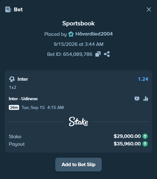 Bet slip: Inter - Udinese, $29,000.00 stake at 1.24 odds, placed by Håvardlied2004