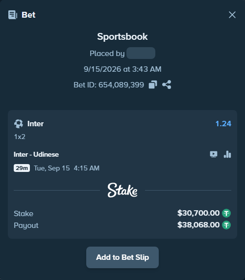Bet slip: Inter - Udinese, $30,700.00 stake at 1.24 odds, placed by winnirium228