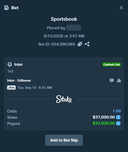 Bet slip: Inter - Udinese, $37,000.00 stake at 1.23 odds, placed by Storestorm