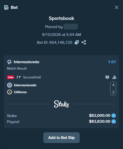 Bet slip: Inter - Udinese, $82,000.00 stake at 1.01 odds, placed by Bokket