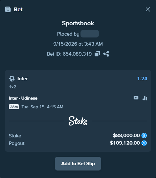 Bet slip: Inter - Udinese, $88,000.00 stake at 1.24 odds, placed by boikot115