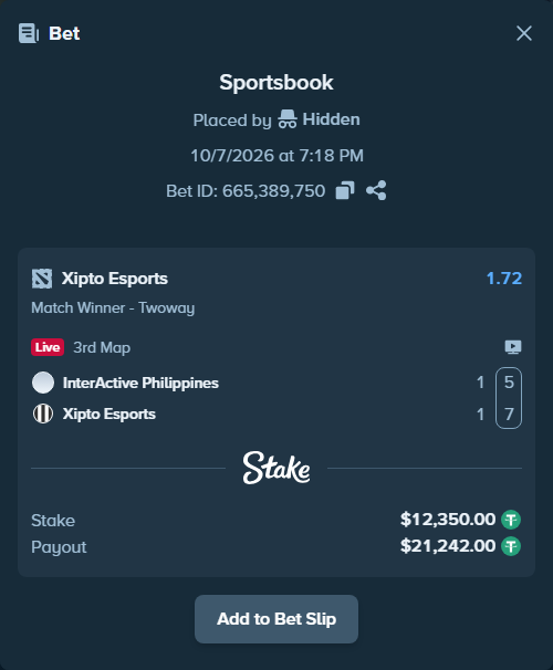 Bet slip: InterActive Philippines - Xipto Esports, $12,346.30 stake at 1.72 odds, placed by Hidden