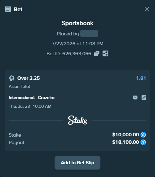 Bet slip: Internacional - Cruzeiro, $10,000.00 stake at 1.81 odds, placed by heima01