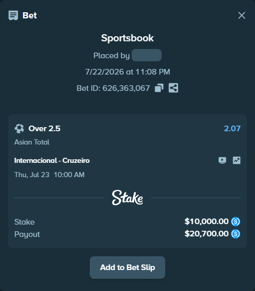Bet slip: Internacional - Cruzeiro, $10,000.00 stake at 2.07 odds, placed by heima01