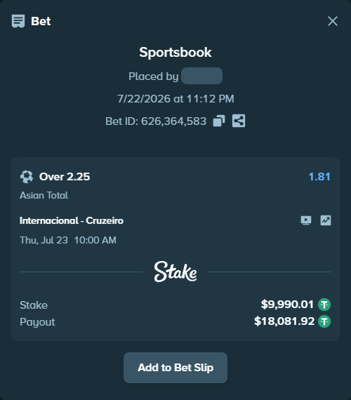Bet slip: Internacional - Cruzeiro, $10,000.00 stake at 1.81 odds, placed by OysterLab