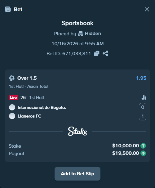 Bet slip: Internacional de Bogota. - Llaneros FC, $10,010.00 stake at 1.95 odds, placed by Hidden