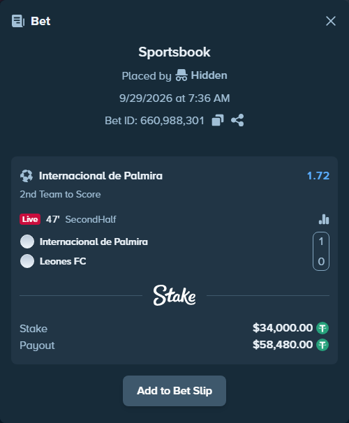 Bet slip: Internacional FC De Palmira - Itagui Leones FC, $34,000.00 stake at 1.72 odds, placed by Hidden