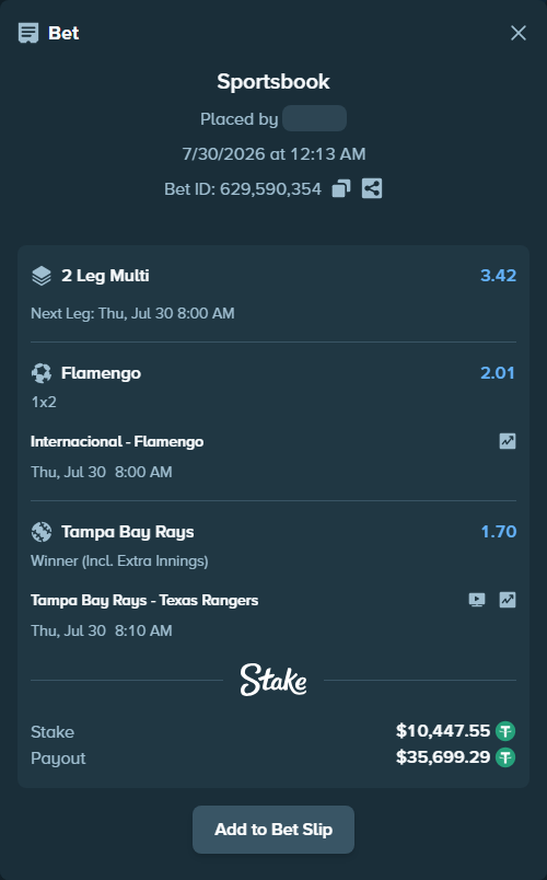 Bet slip: Internacional - Flamengo, $10,458.00 stake at 2.01 odds, placed by djawoals