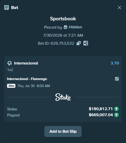 Bet slip: Internacional - Flamengo, $180,993.53 stake at 3.70 odds, placed by Hidden