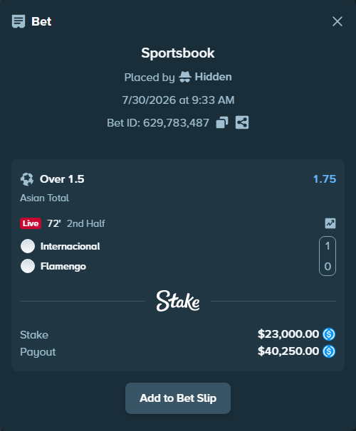 Bet slip: Internacional - Flamengo, $23,000.00 stake at 1.75 odds, placed by Hidden