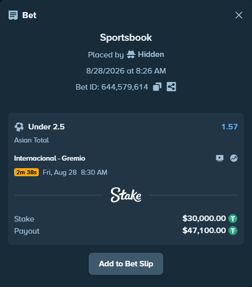 Bet slip: Internacional - Gremio, $29,997.00 stake at 1.57 odds, placed by Hidden