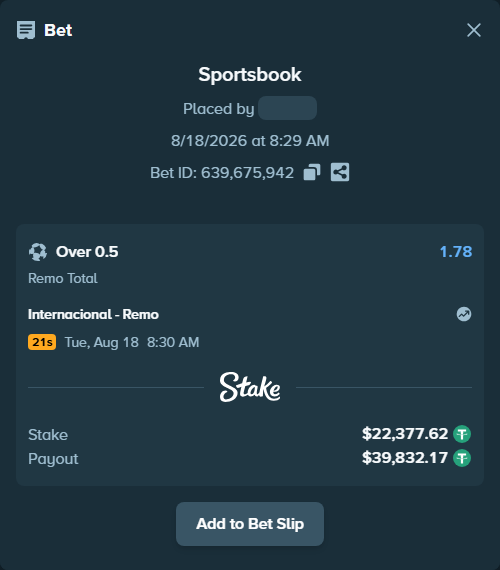Bet slip: Internacional - Remo, $22,400.00 stake at 1.78 odds, placed by SH7N28