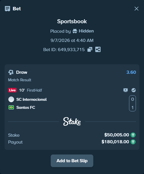 Bet slip: Internacional - Santos, $50,000.00 stake at 3.60 odds, placed by Hidden