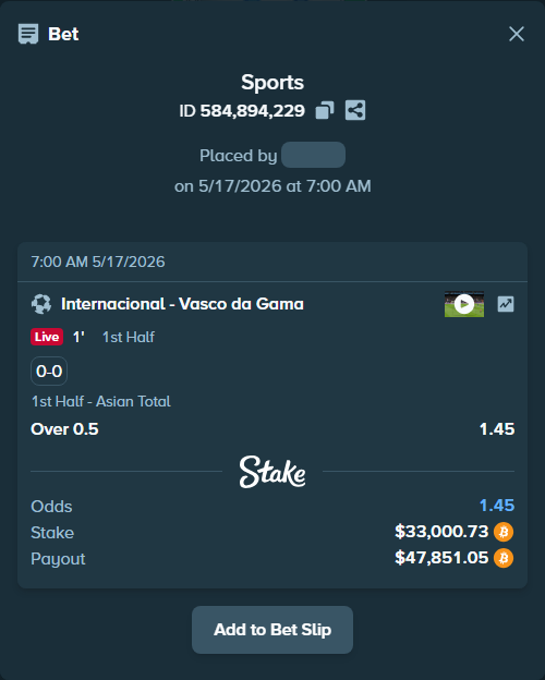 Bet slip: Internacional - Vasco da Gama, $27,070.82 stake at 1.45 odds, placed by ninafreak