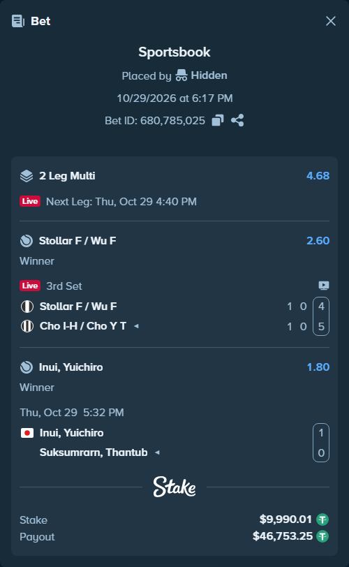 Bet slip: Inui, Yuichiro - Suksumrarn, Thantub, $10,000.00 stake at 1.80 odds, placed by Hidden