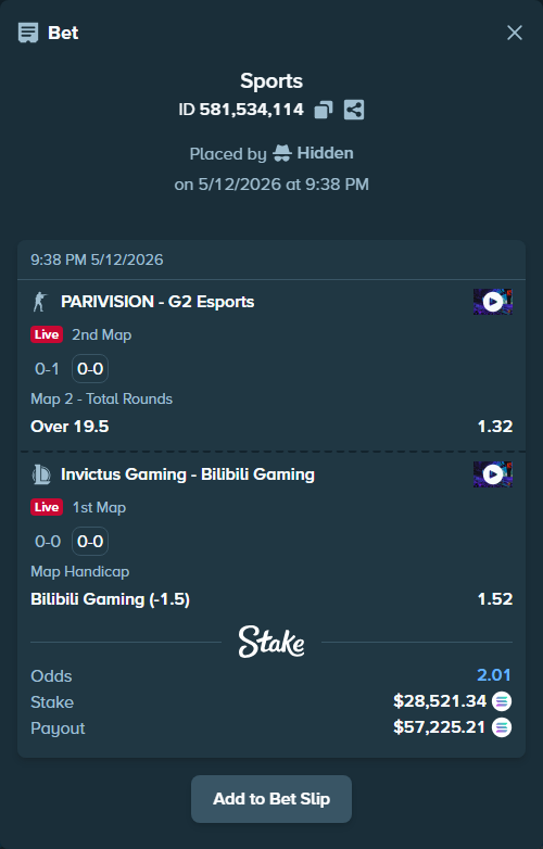 Bet slip: Invictus Gaming - Bilibili Gaming, $22,001.82 stake at 1.52 odds, placed by Hidden