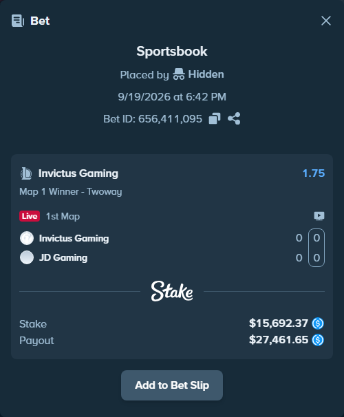 Bet slip: Invictus Gaming - JD Gaming, $15,692.37 stake at 1.75 odds, placed by Hidden