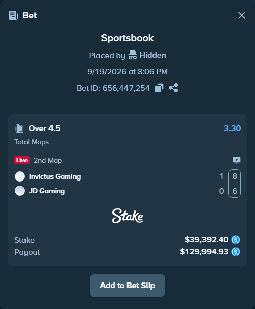 Bet slip: Invictus Gaming - JD Gaming, $39,392.40 stake at 3.30 odds, placed by Hidden