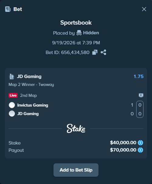 Bet slip: Invictus Gaming - JD Gaming, $40,000.00 stake at 1.75 odds, placed by Hidden