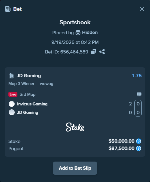 Bet slip: Invictus Gaming - JD Gaming, $50,000.00 stake at 1.75 odds, placed by Hidden