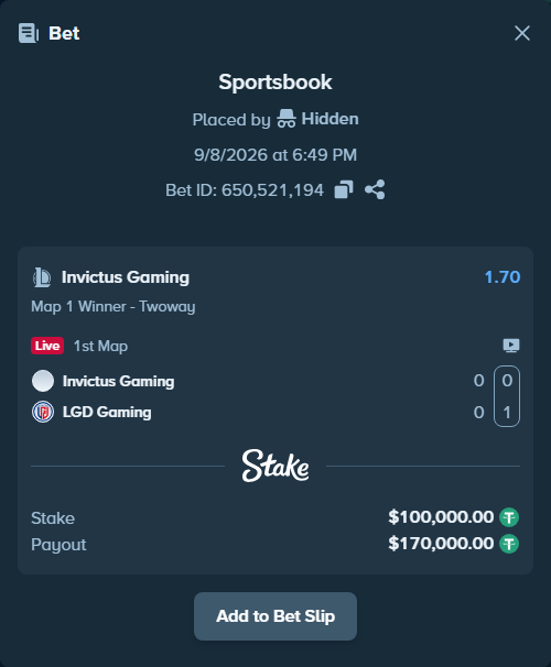 Bet slip: Invictus Gaming - LGD Gaming, $100,000.00 stake at 1.70 odds, placed by Hidden