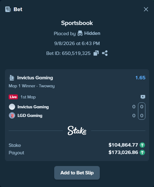 Bet slip: Invictus Gaming - LGD Gaming, $104,864.77 stake at 1.65 odds, placed by Hidden