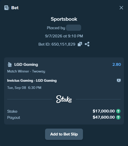 Bet slip: Invictus Gaming - LGD Gaming, $17,000.00 stake at 2.80 odds, placed by mi6a1