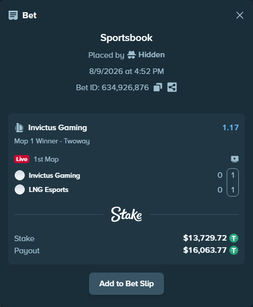 Bet slip: Invictus Gaming - LNG Esports, $13,743.45 stake at 1.17 odds, placed by Hidden