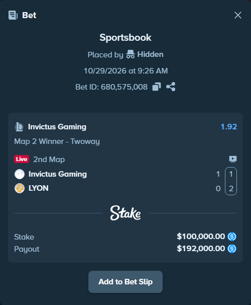 Bet slip: Invictus Gaming - LYON, $100,000.00 stake at 1.92 odds, placed by Hidden