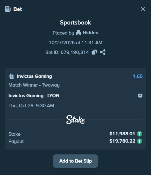 Bet slip: Invictus Gaming - LYON, $12,000.00 stake at 1.65 odds, placed by tonfx927