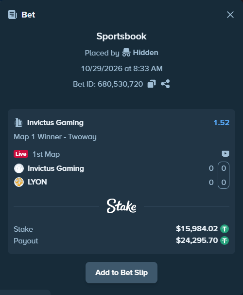 Bet slip: Invictus Gaming - LYON, $16,000.00 stake at 1.52 odds, placed by Hidden
