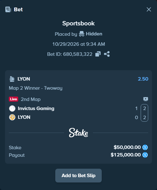 Bet slip: Invictus Gaming - LYON, $50,000.00 stake at 2.50 odds, placed by Hidden