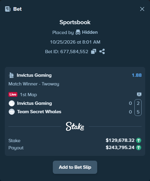 Bet slip: Invictus Gaming - Team Secret Whales, $129,808.00 stake at 1.88 odds, placed by Mnt41