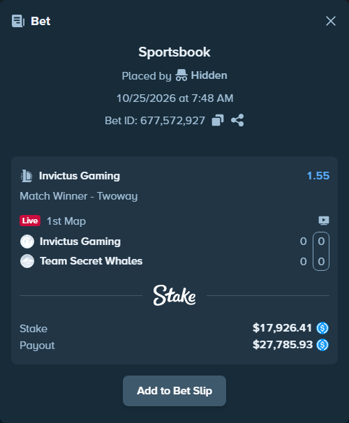 Bet slip: Invictus Gaming - Team Secret Whales, $17,926.41 stake at 1.55 odds, placed by Hidden