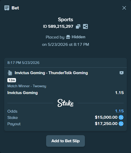 Bet slip: Invictus Gaming - ThunderTalk Gaming, $15,000.00 stake at 1.15 odds, placed by Hidden