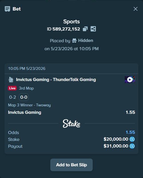 Bet slip: Invictus Gaming - ThunderTalk Gaming, $20,000.00 stake at 1.55 odds, placed by Hidden