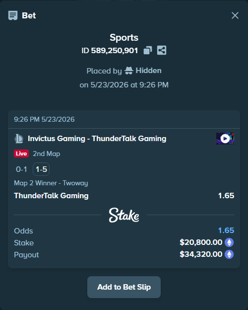Bet slip: Invictus Gaming - ThunderTalk Gaming, $17,777.20 stake at 1.65 odds, placed by Hidden