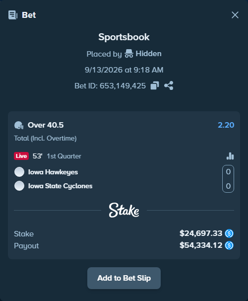 Bet slip: Iowa Hawkeyes - Iowa State Cyclones, $24,697.33 stake at 2.20 odds, placed by Hidden